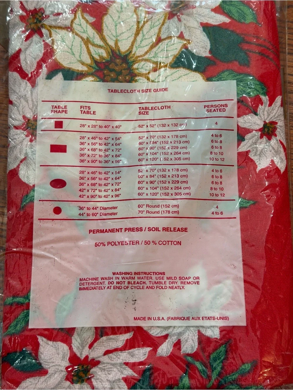 🆕Vintage 1990s Color Tone poinsettia red Christmas tablecloth 52”x52” NOS cotton